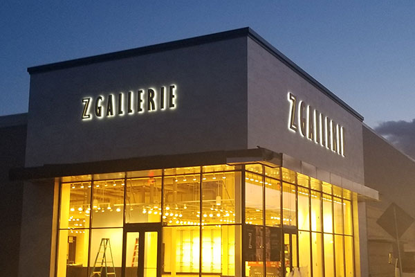 Z Gallerie Logo, illuminated channel letters, retail signage